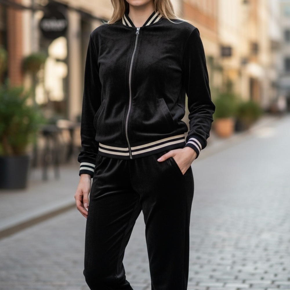 Kate and Mallory  black velour Tracksuit with Striped glittery gold trim